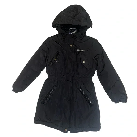 DKNY Girls Winter Puffer Rhinestone Detail Hooded Jacket Black Small (7/8 )